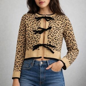Chic Leopard Print Cardigan with Bow Details